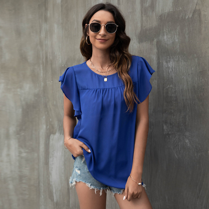 New Arrivals Crew Neck Ruffled Loose Chiffon Blouses & Shirts