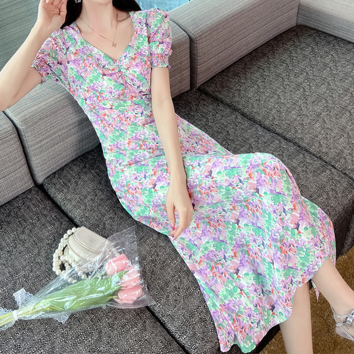 Floral Long Dress Summer Pure Desire Short Sleeves Slit Waist Maxi Dresses