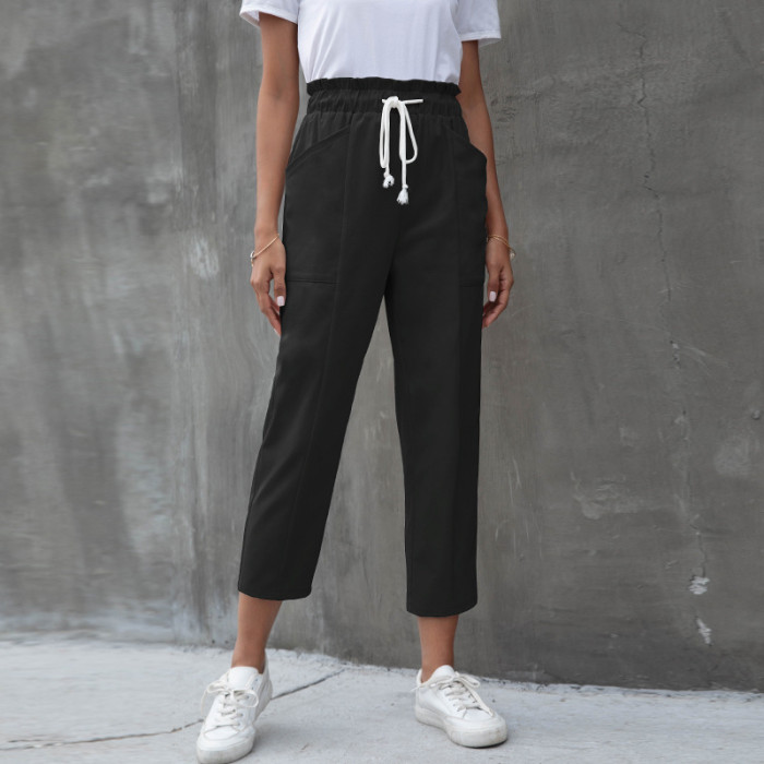 New Arrival Mid Waist Elastic Drawstring Pocket Casual Pants Cropped Pants