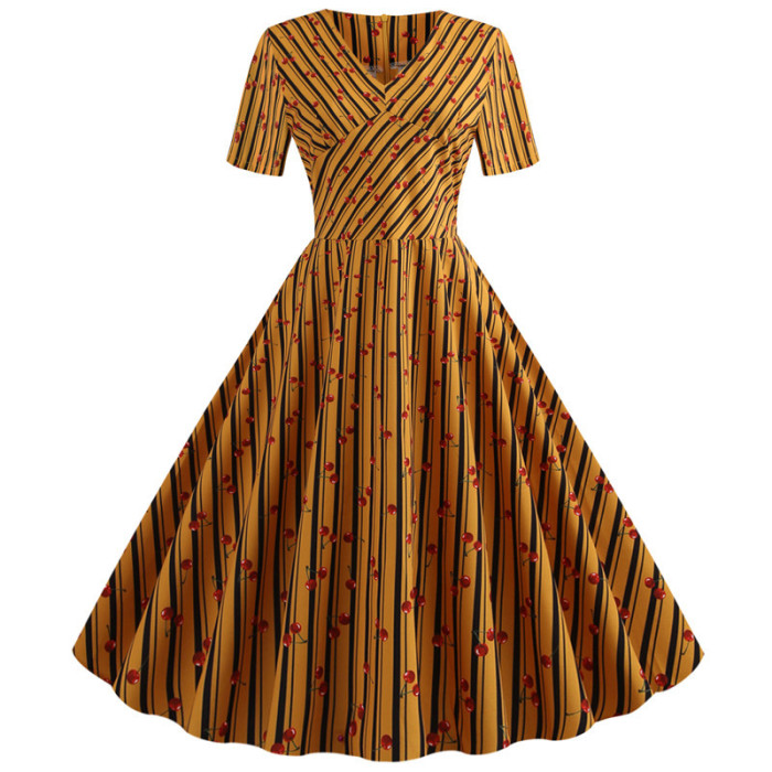 Printed Short Sleeve Summer Vintage Dress Casual V Neck Elegant Slim Party Women 1950 Vintage Dresses