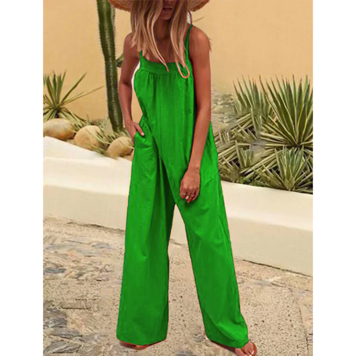 Summer Solid Color Large Pocket Waist Breathable Sleeveless Loose One-piece Women's Jumpsuits