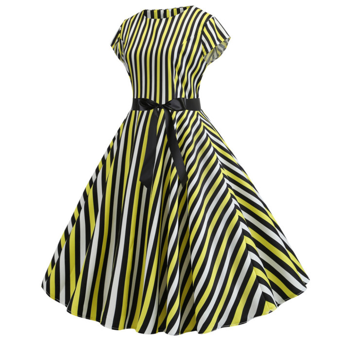 Striped Print Summer Dress Vintage Women's Party 1950 Vintage Dresses