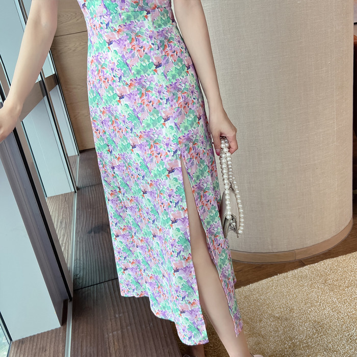 Floral Long Dress Summer Pure Desire Short Sleeves Slit Waist Maxi Dresses