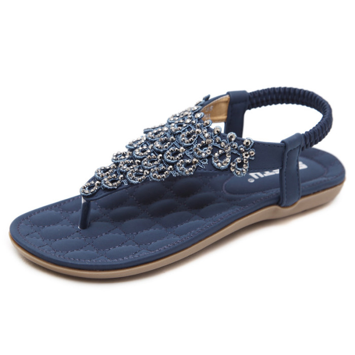 Lace Rhinestones Boho Plus Size Elastic Flat Summer Sandals