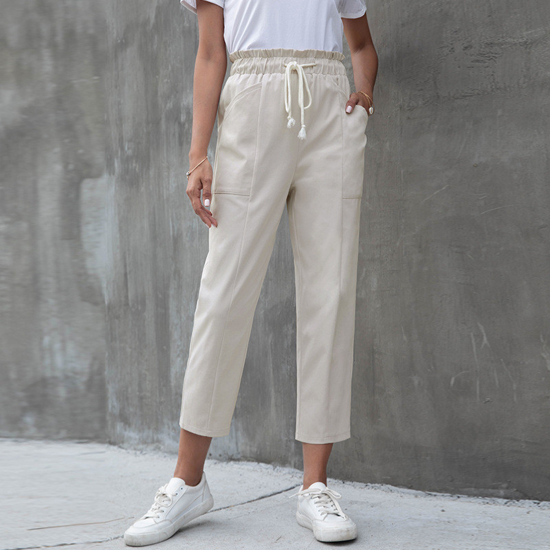 New Arrival Mid Waist Elastic Drawstring Pocket Casual Pants Cropped Pants