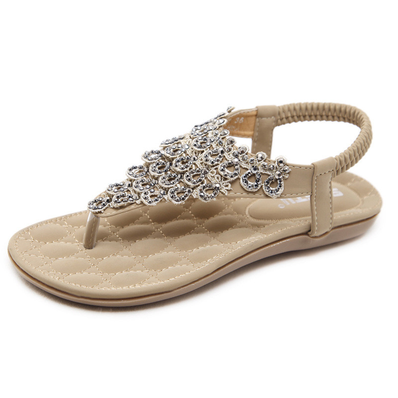 Lace Rhinestones Boho Plus Size Elastic Flat Summer Sandals