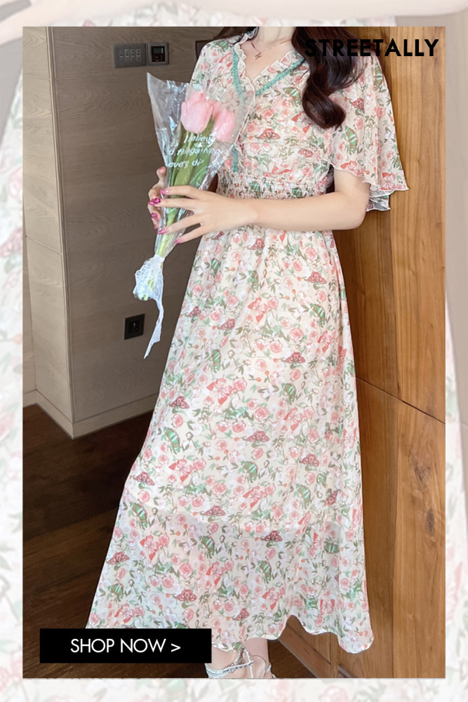 Summer New Small Daisy Floral Bellflower French Chiffon Jumpsuit Maxi Dresses