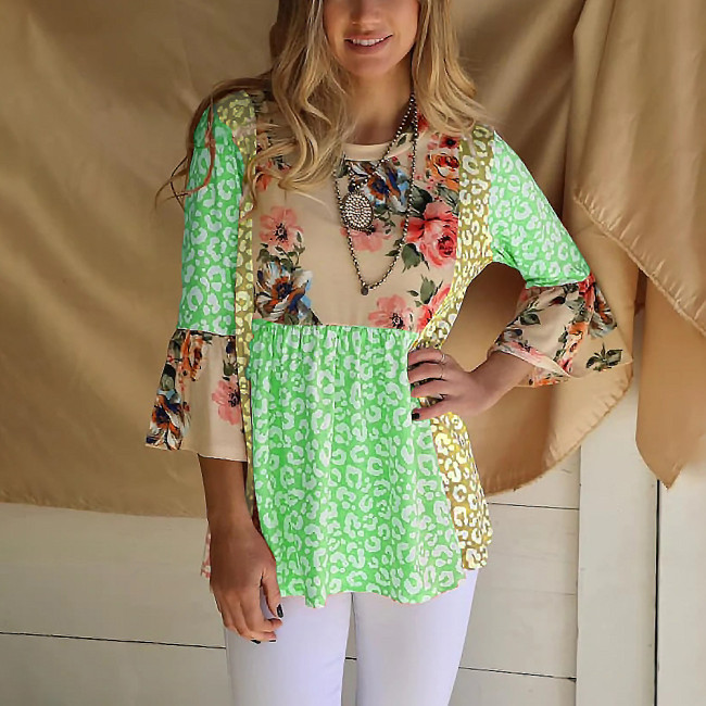 New Printed Patchwork Contrast Color 3/4 Sleeves Loose Casual Blouses & Shirts