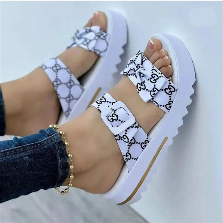 Large Size Slippers Summer New Thick Sole Printed Bow Platform Slippers