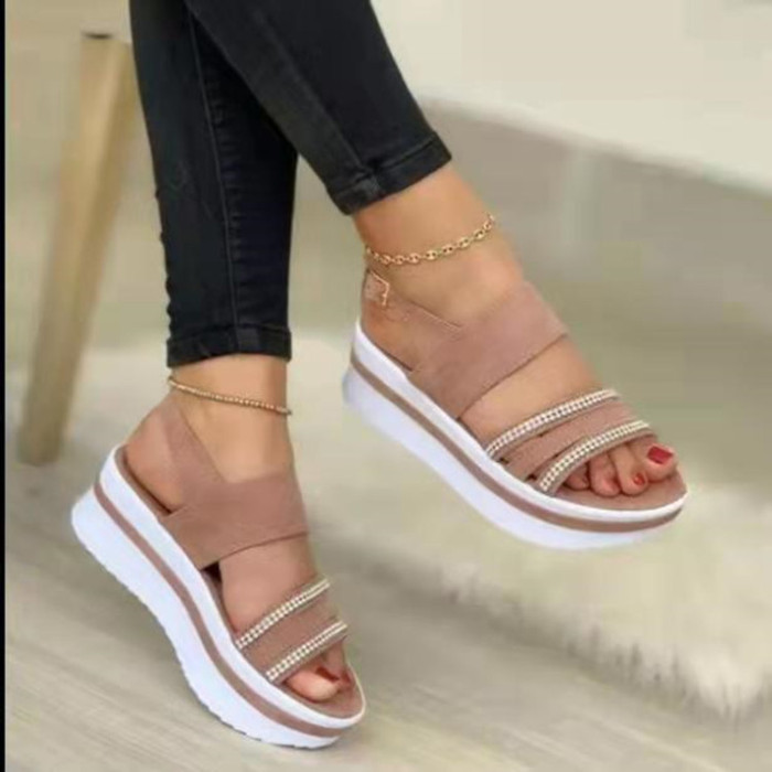 Thick Bottom Flat Buckle Solid Color Hot Diamonds Large Size Casual Ladies Platform Sandals