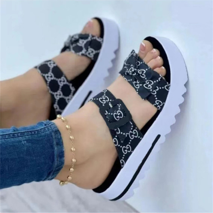 Large Size Slippers Summer New Thick Sole Printed Bow Platform Slippers