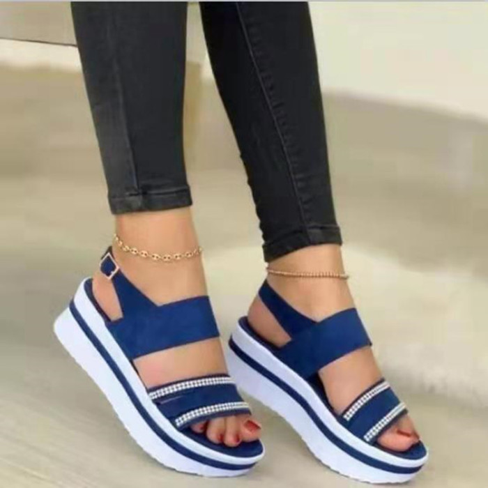Thick Bottom Flat Buckle Solid Color Hot Diamonds Large Size Casual Ladies Platform Sandals