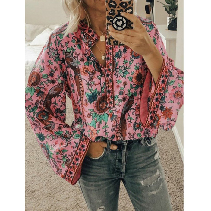 New Peacock Print Loose Shirt Button Long Sleeve Shirt Blouses & Shirts