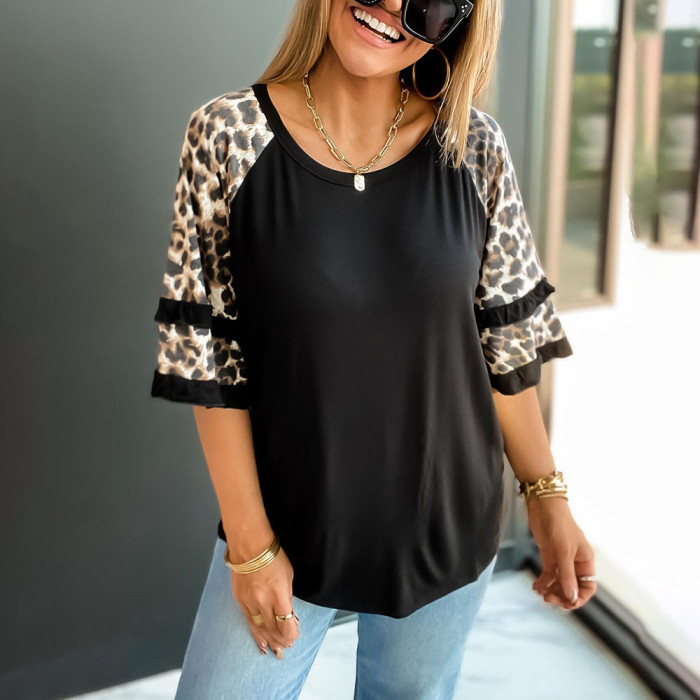 New Leopard Print Five Point Sleeves Round Neck Loose Casual T-Shirts