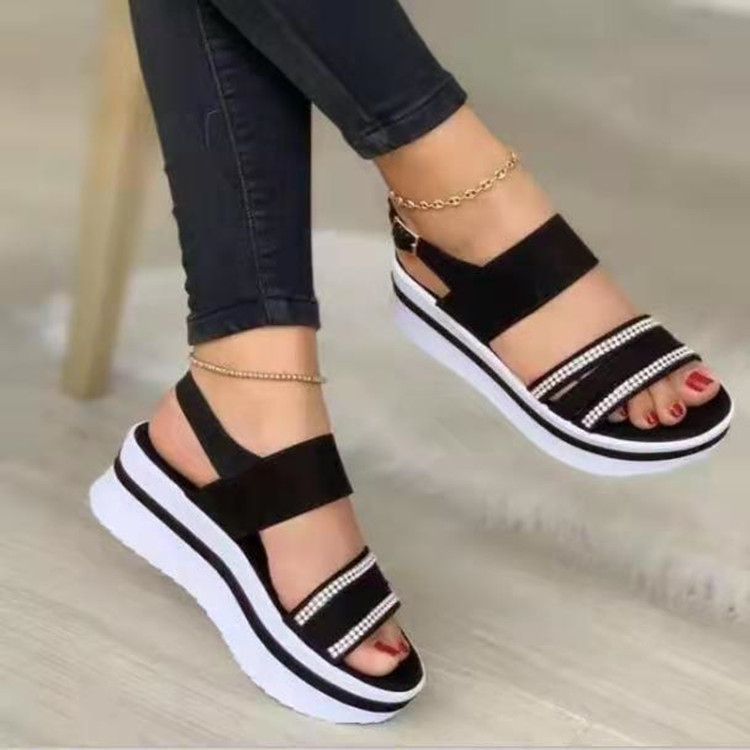 Thick Bottom Flat Buckle Solid Color Hot Diamonds Large Size Casual Ladies Platform Sandals