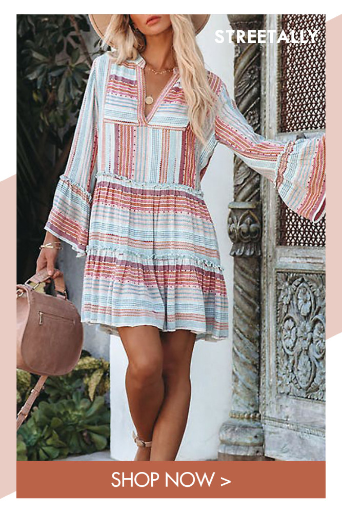 New Women's Fashion Printed Long Sleeve V-Neck Panel Casual Dresses