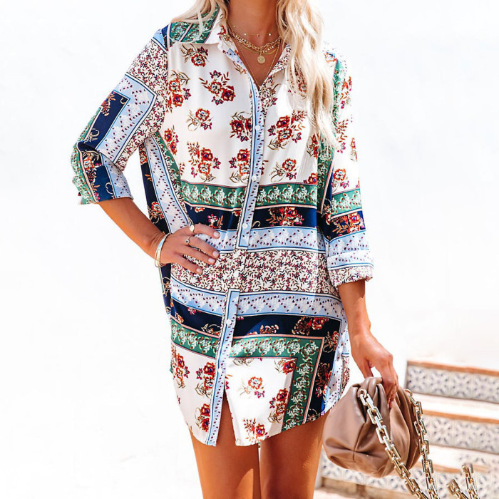 Summer Vacation Style New Printed Cardigan Long-sleeved Single-breasted Long  Blouses & Shirts
