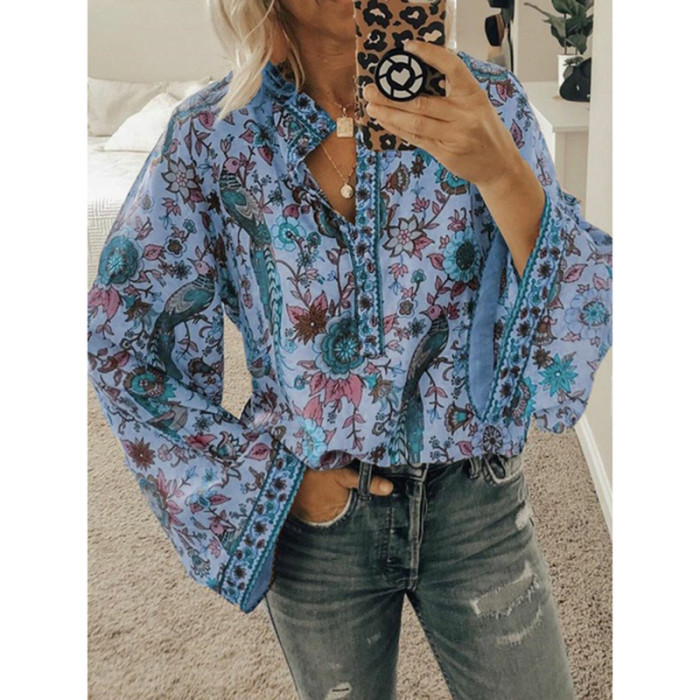 New Peacock Print Loose Shirt Button Long Sleeve Shirt Blouses & Shirts