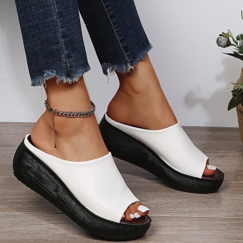 Fish Mouth Wedge Summer New Rubber Thick Bottom Leather Casual Wedge  Slippers