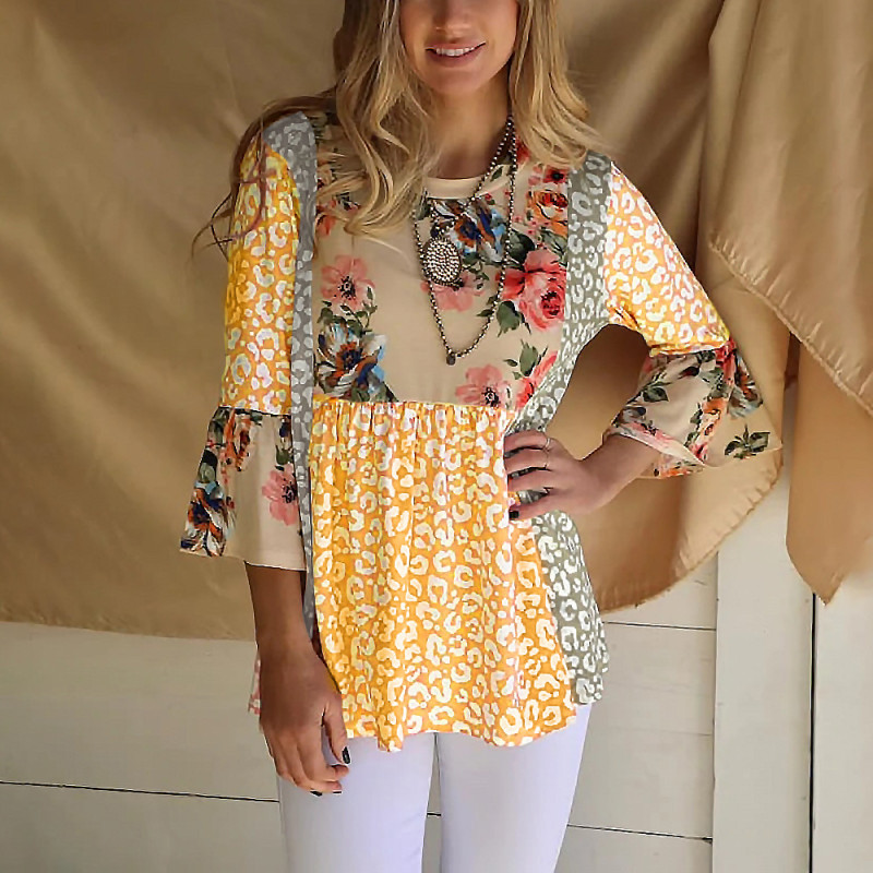 New Printed Patchwork Contrast Color 3/4 Sleeves Loose Casual Blouses & Shirts