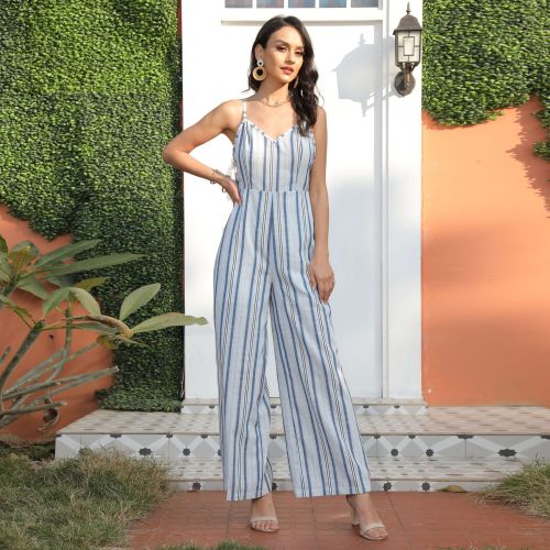 New Sexy V-Neck Sleeveless Striped Casual Pants Jumpsuits