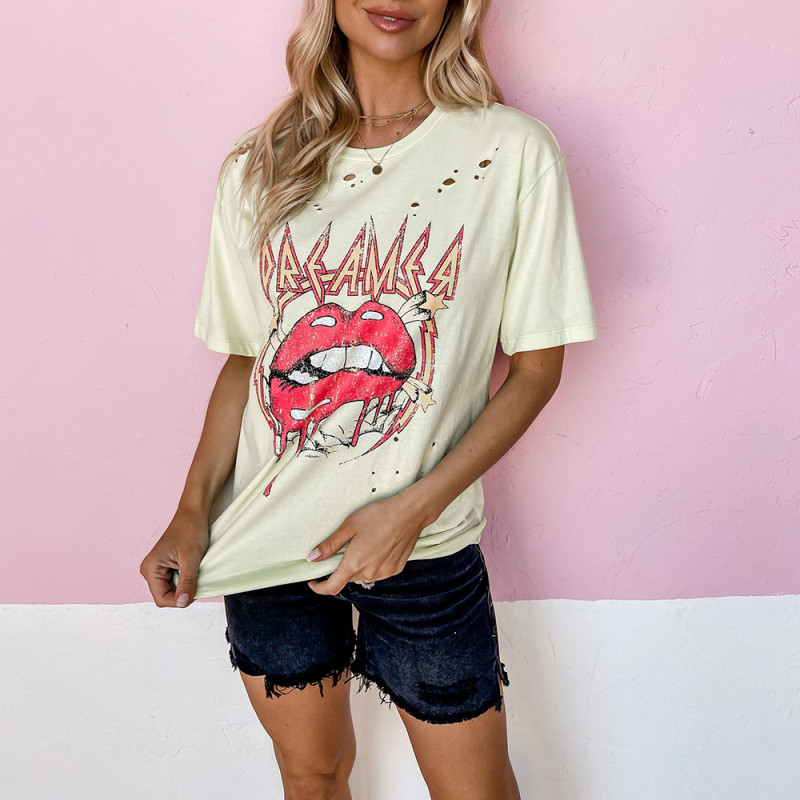 Summer Lips Letter Print Short-sleeved Hole Loose Casual Women's T-shirts