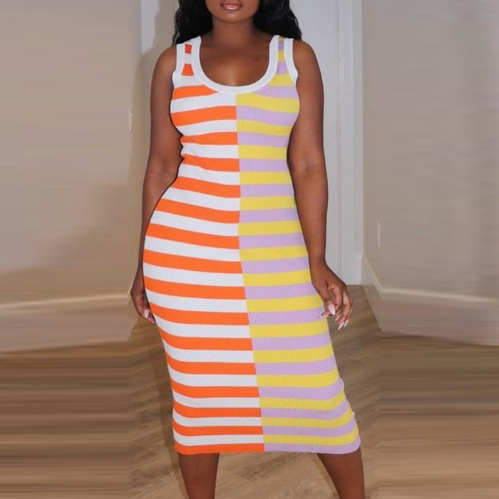 New Women's Striped Print Crew Neck Sleeveless Sexy Dress Maxi Dresses