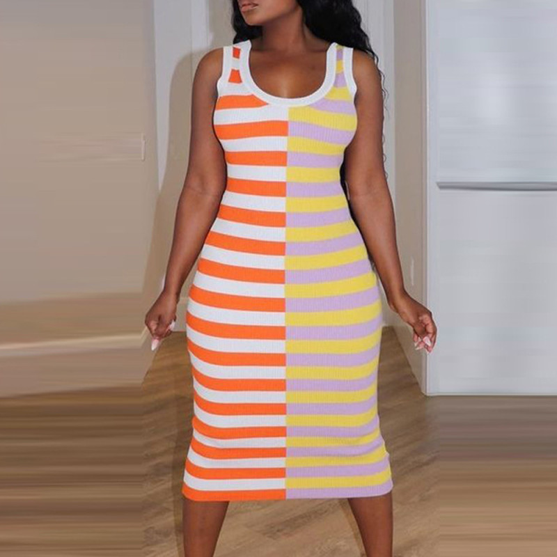 New Women's Striped Print Crew Neck Sleeveless Sexy Dress Maxi Dresses