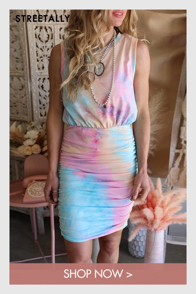 Summer New Tie-Dye Printed Round Neck Sleeveless Sexy Bag Hip Bodycon Dresses