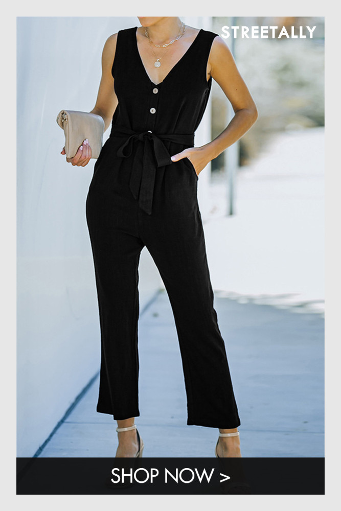 Fashion Solid Color V-Neck Sleeveless Belt Workwear Jumpsuits