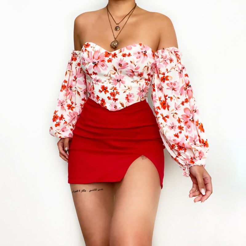Floral V-Neck Balloon Sleeve Long Sleeve Sexy Off-the-shoulder Ladies Top Blouses & Shirts