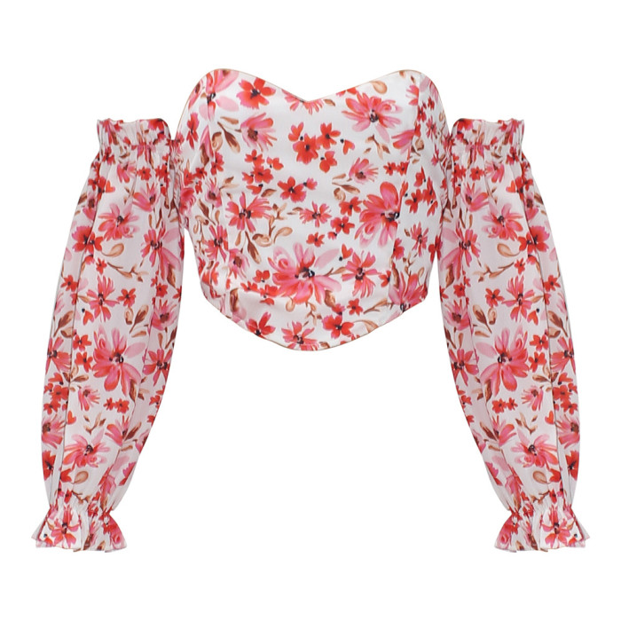 Floral V-Neck Balloon Sleeve Long Sleeve Sexy Off-the-shoulder Ladies Top Blouses & Shirts