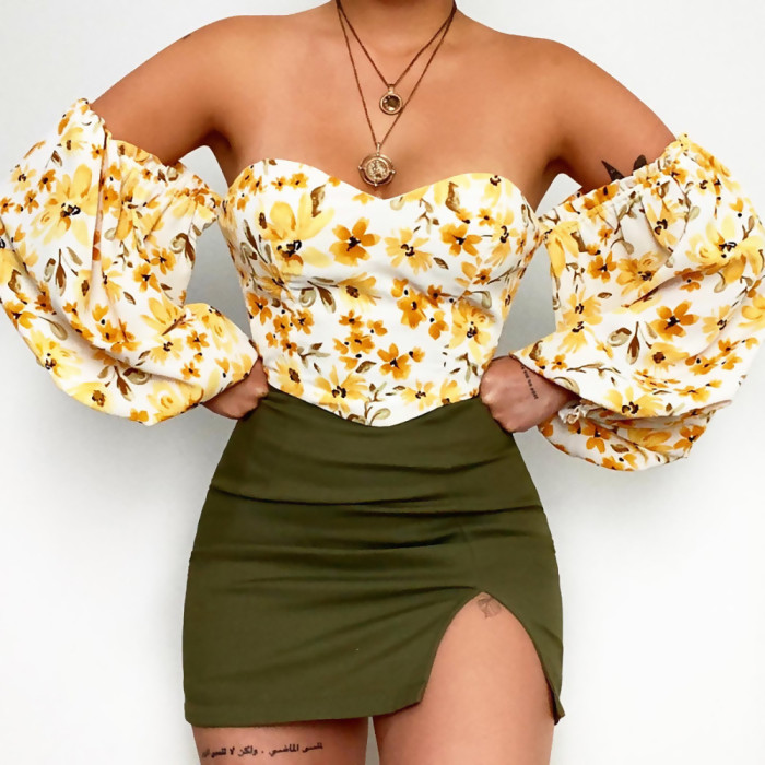 Floral V-Neck Balloon Sleeve Long Sleeve Sexy Off-the-shoulder Ladies Top Blouses & Shirts
