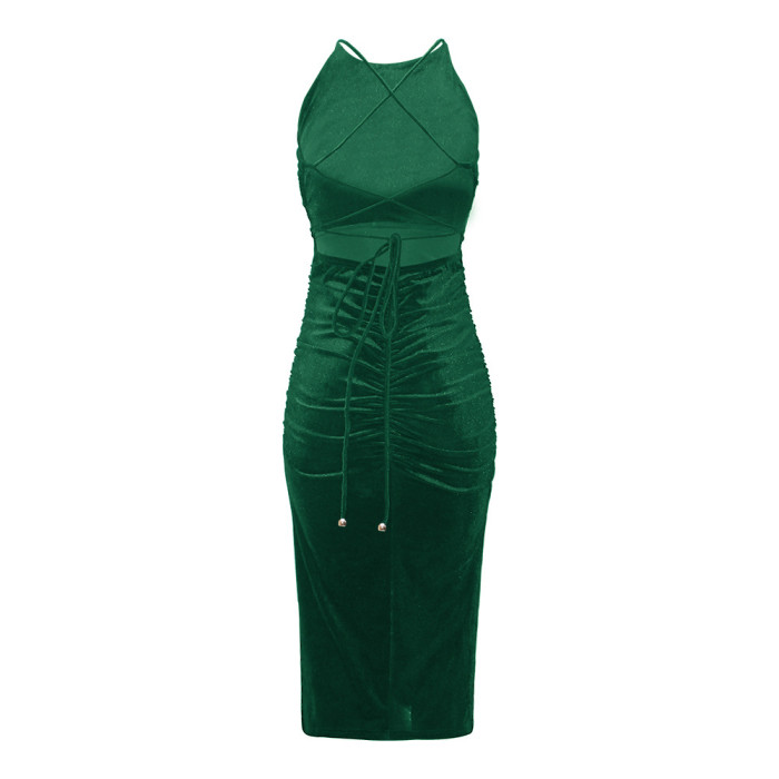 Solid Color Sexy Halter Neck Backless Smocked Slit Dress Women Bodycon Dresses