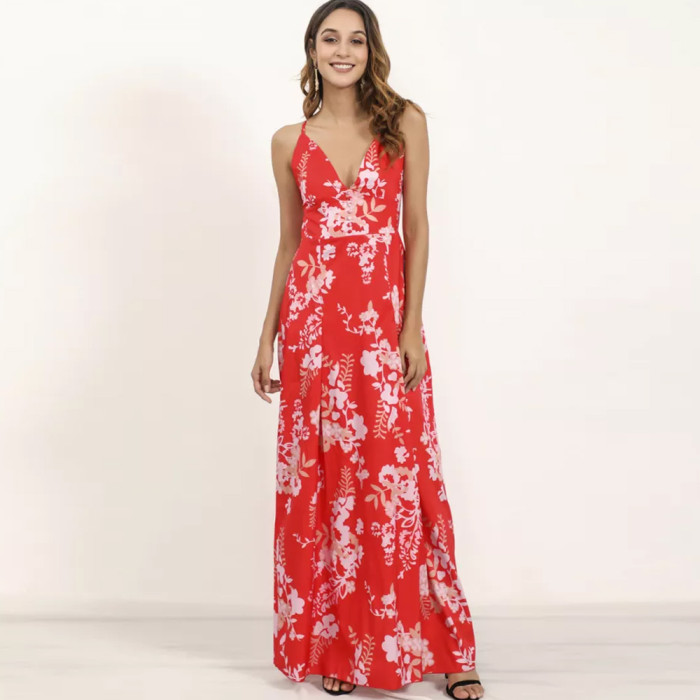 Summer Sling Dress New Sexy Deep V Backless Sling Beach Maxi Dresses