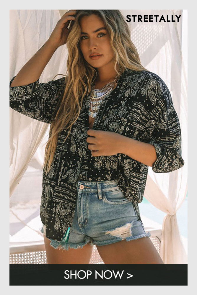 New Printed Lapel Short Sleeve Cardigan Single Breasted Blouses & Shirts