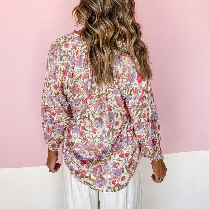 Floral V-Neck Long Sleeve Cardigan Single Breasted Casual Shirt Women Blouses & Shirts