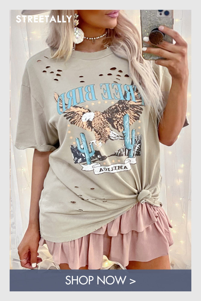 Printed Round Neck Short Sleeve Loose Casual Ladies Top T-Shirts