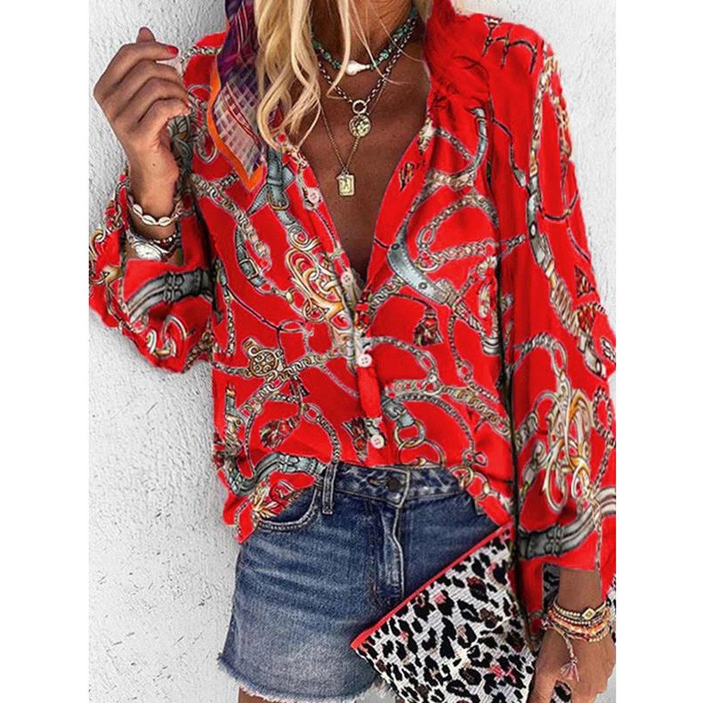 New Fashion Print Long Sleeve Single Breasted Casual Blouses & Shirts