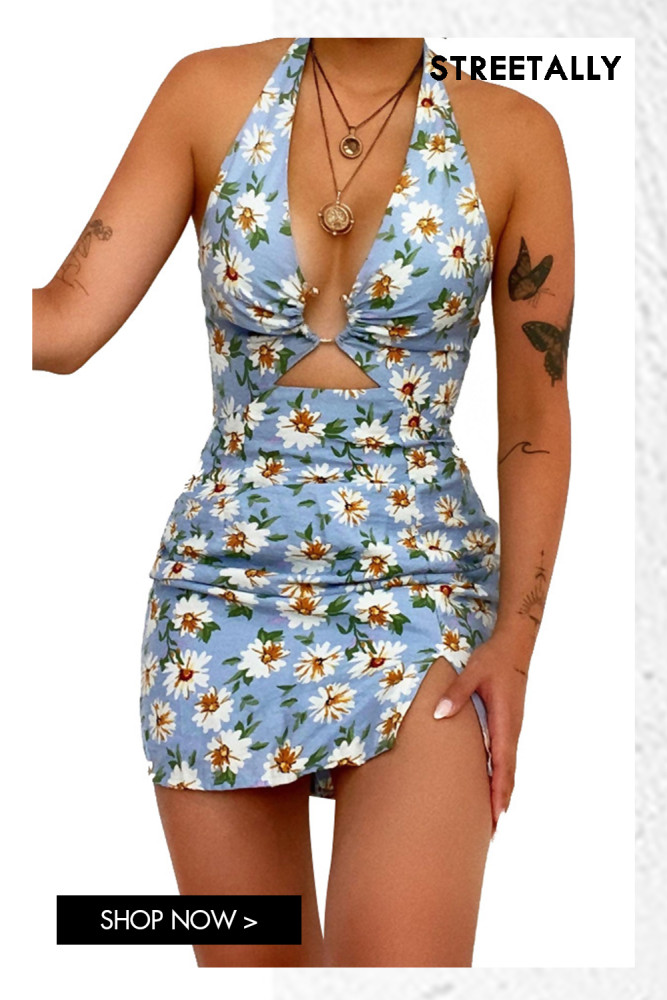 Summer New Women's Print Sexy Halter Bodycon Dresses