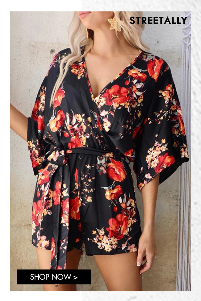 Printed Mid-Sleeve V-Neck Loose Casual Tie Rompers