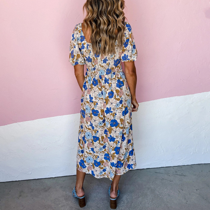 Summer New Women's Floral V-neck Short-sleeved High-waisted Slit Casual Maxi Dresses