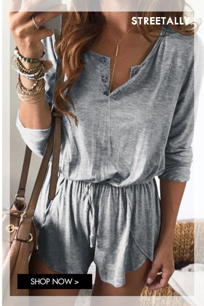 Casual Solid Tie Long Sleeve Shorts Rompers