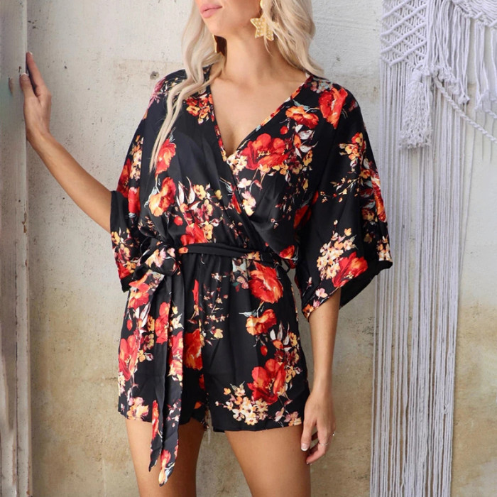 Printed Mid-Sleeve V-Neck Loose Casual Tie Rompers