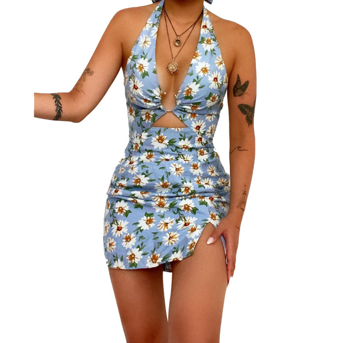 Summer New Women's Print Sexy Halter Bodycon Dresses