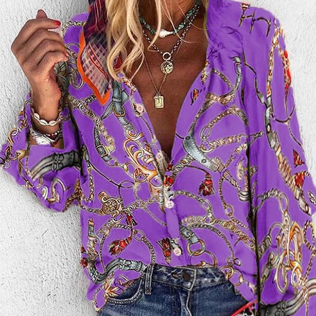 New Fashion Print Long Sleeve Single Breasted Casual Blouses & Shirts