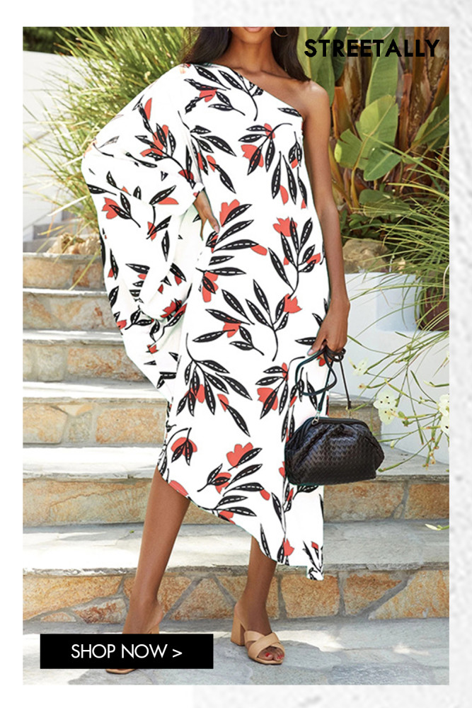 New Printed Slant Neck Sexy Off-the-Shoulder Vacation Maxi Dresses