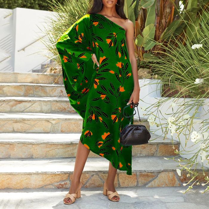 New Printed Slant Neck Sexy Off-the-Shoulder Vacation Maxi Dresses
