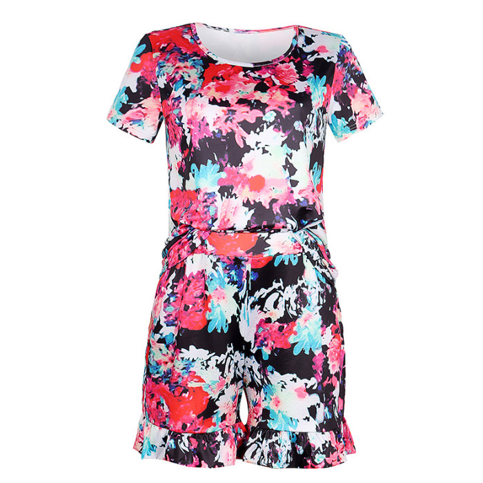 Women's Crew Neck Short Sleeve Printed Casual Two-piece Outfits