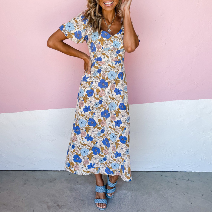 Summer New Women's Floral V-neck Short-sleeved High-waisted Slit Casual Maxi Dresses